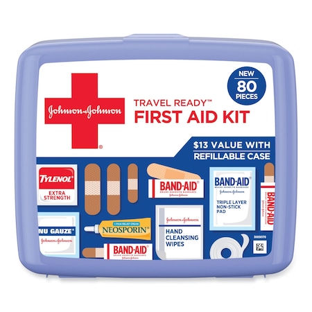 Johnson & Johnson Red Cross Red Cross Travel Ready Portable Emergency First Aid Kit, 80 Pieces, Plastic Case 202068
